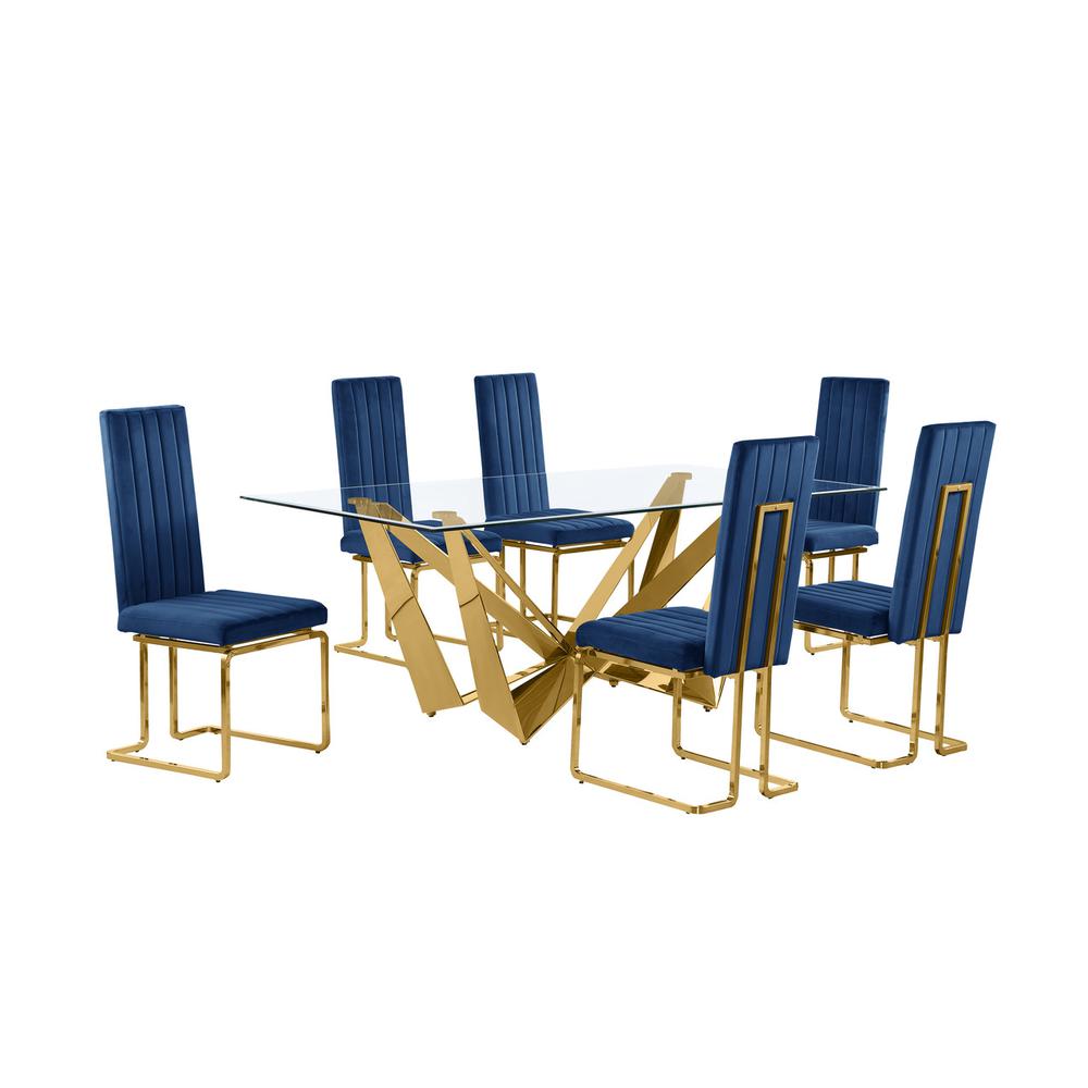 7pc Small(78″) glass dining set with gold base and 6 Navy blue side chairs