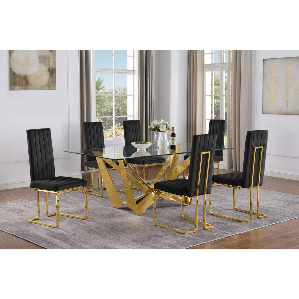 7pc Small(78″) glass dining set with gold base and 6 Black side chairs