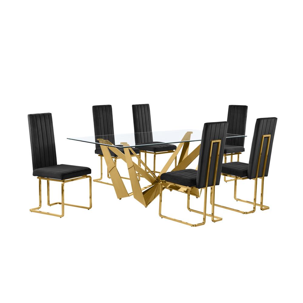 7pc Small(78″) glass dining set with gold base and 6 Black side chairs