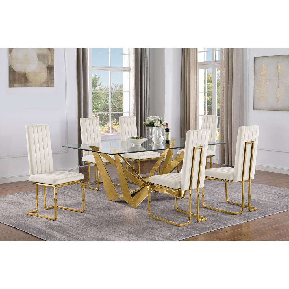 7pc Small(78″) glass dining set with gold base and 6 Cream side chairs