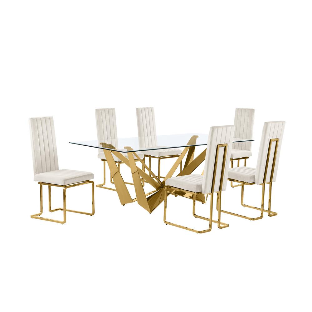 7pc Small(78″) glass dining set with gold base and 6 Cream side chairs