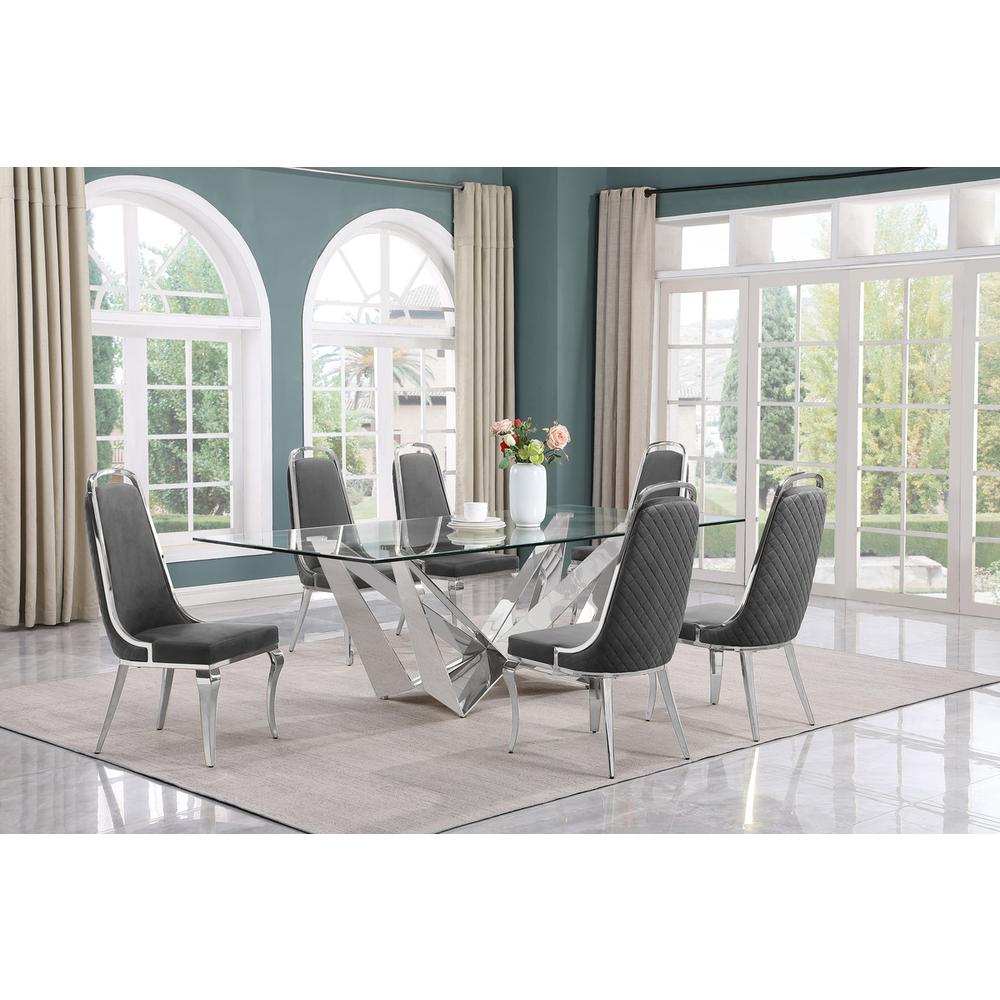 7pc Large(94″) glass top dining set with silver base and 6 Dark grey side chairs
