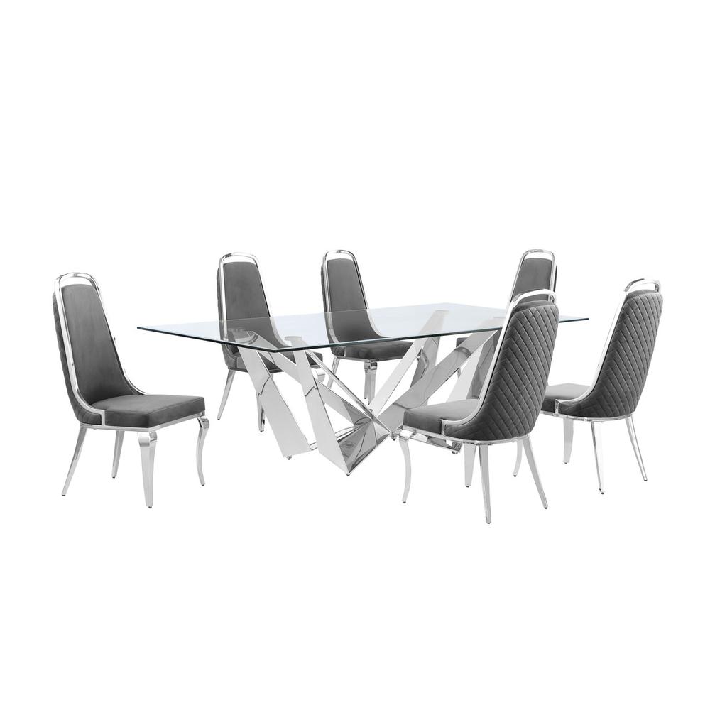 7pc Large(94″) glass top dining set with silver base and 6 Dark grey side chairs