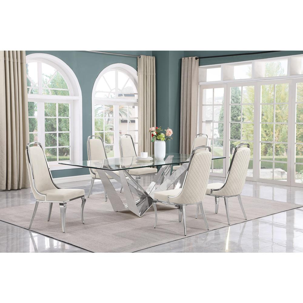 7pc Large(94″) glass top dining set with silver base and 6 Cream side chairs