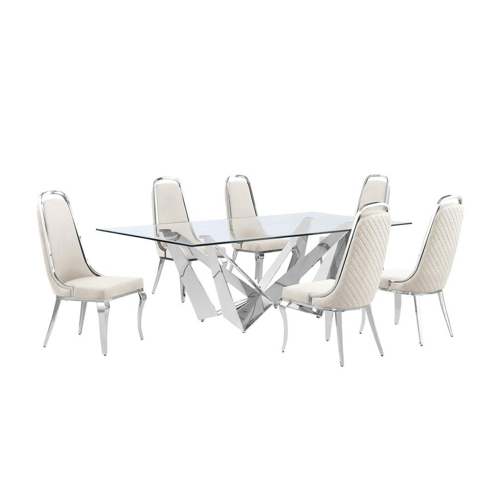 7pc Large(94″) glass top dining set with silver base and 6 Cream side chairs