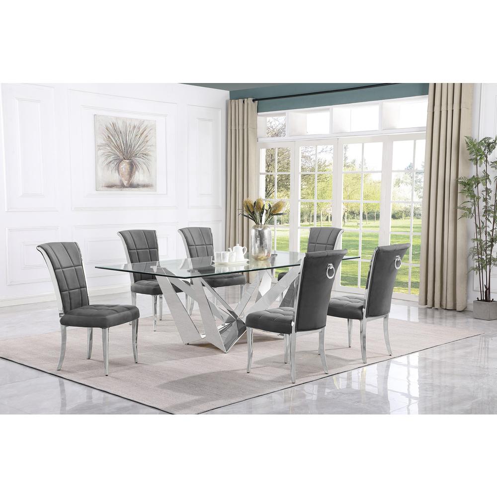 7pc Large(94″) glass dining set with silver base and 6 Dark grey side chairs