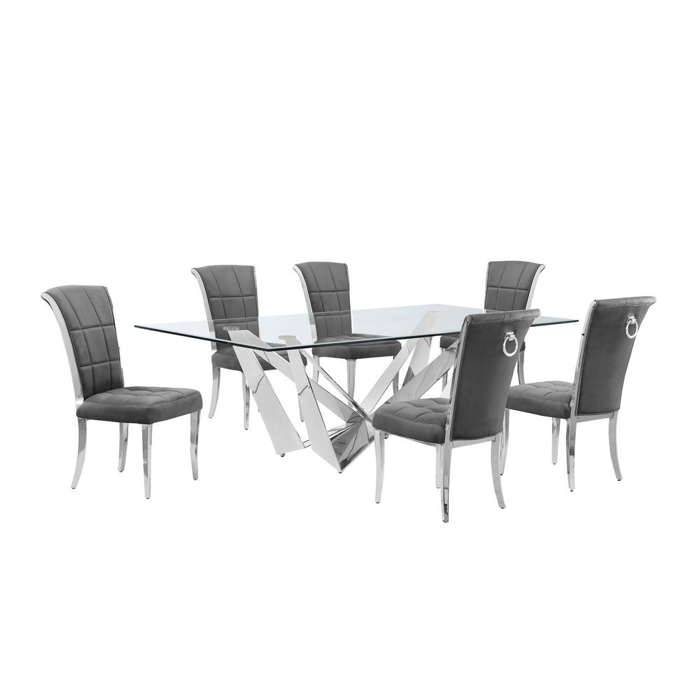 7pc Large(94″) glass dining set with silver base and 6 Dark grey side chairs