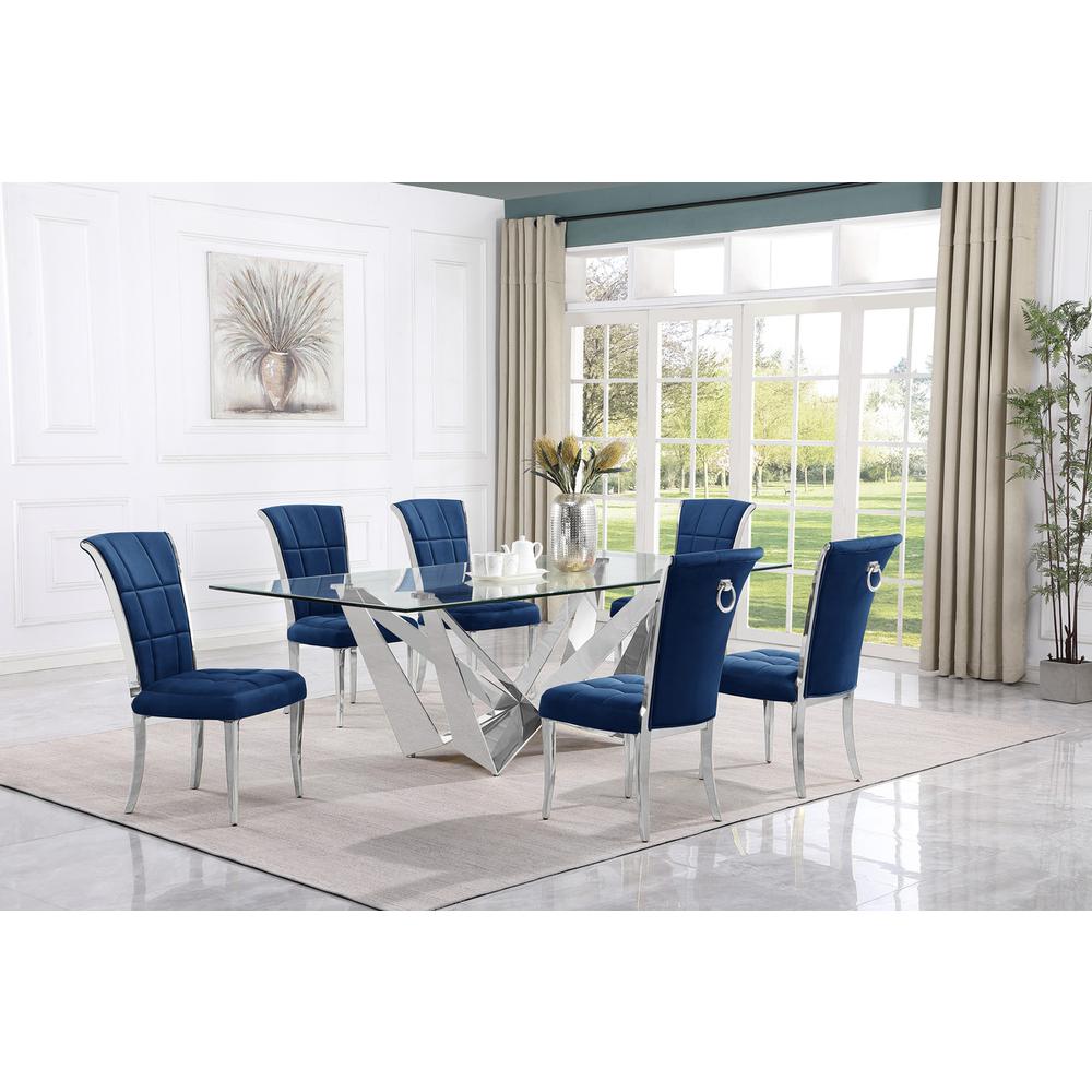 7pc Large(94″) glass dining set with silver base and 6 Navy blue side chairs