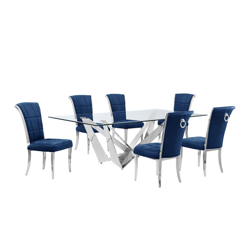 7pc Large(94″) glass dining set with silver base and 6 Navy blue side chairs