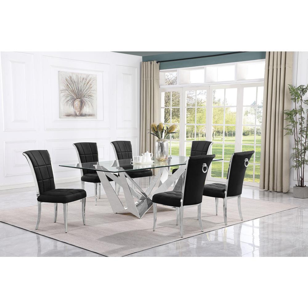 7pc Large(94″) glass dining set with silver base and 6 Black side chairs