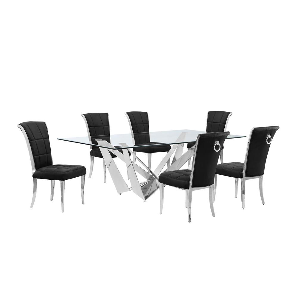 7pc Large(94″) glass dining set with silver base and 6 Black side chairs
