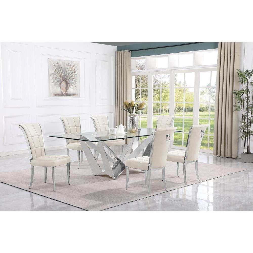 7pc Large(94″) glass dining set with silver base and 6 Cream side chairs