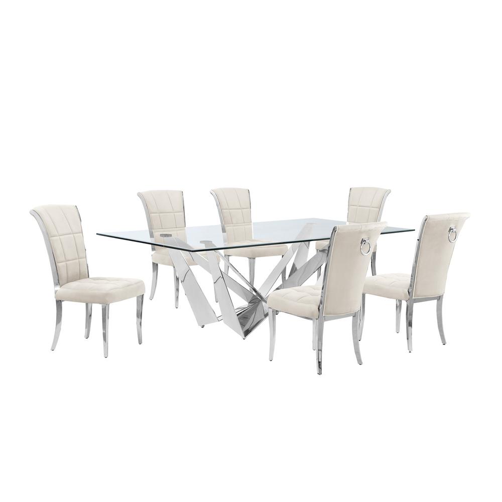 7pc Large(94″) glass dining set with silver base and 6 Cream side chairs