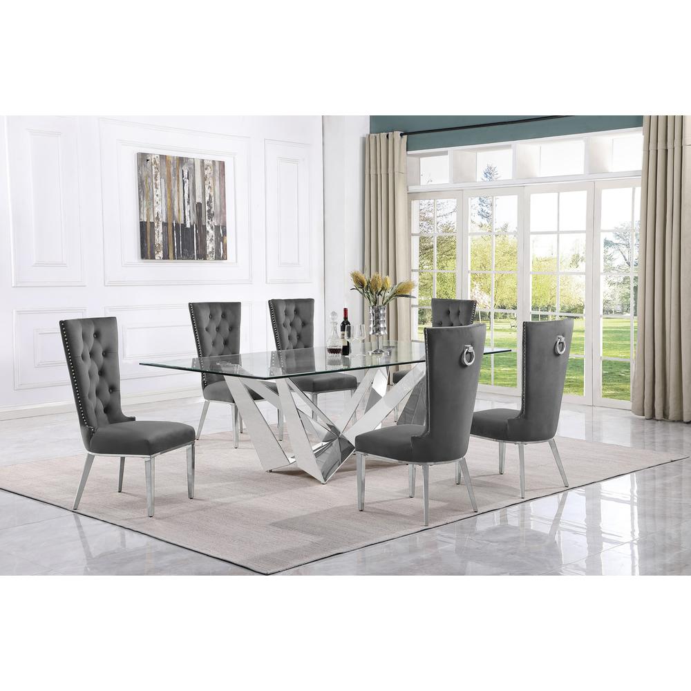 7pc Large(94″) glass top dining set with silver base and 6 Dark grey side chairs