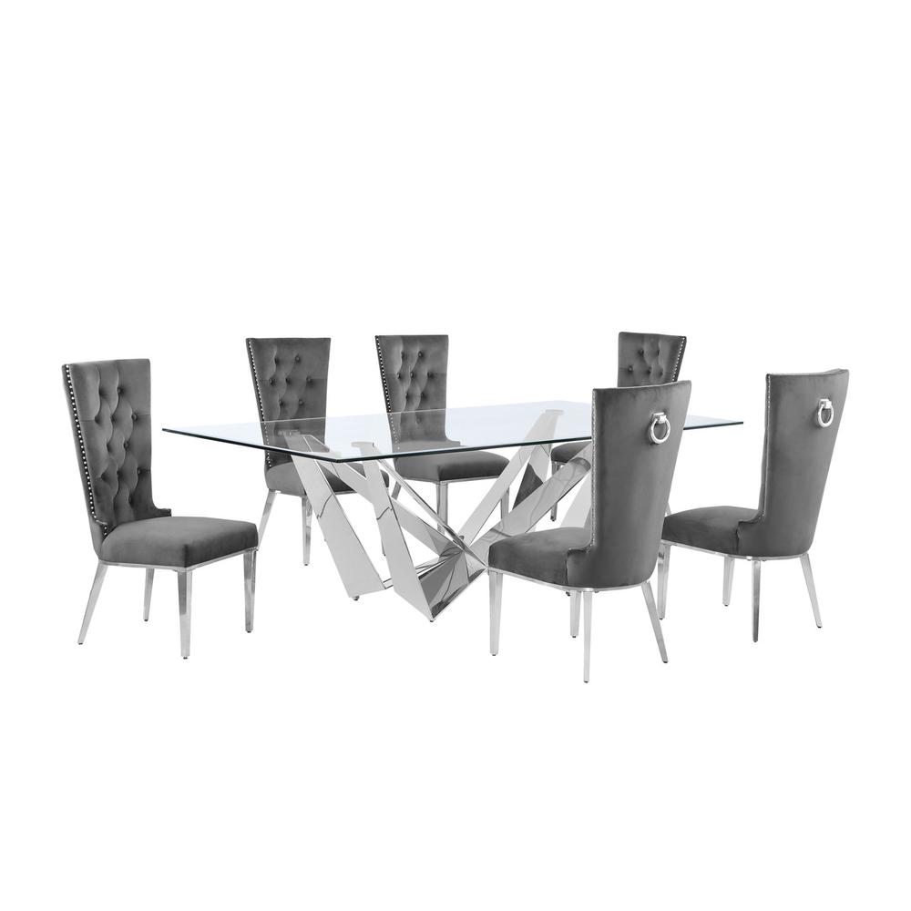 7pc Large(94″) glass top dining set with silver base and 6 Dark grey side chairs