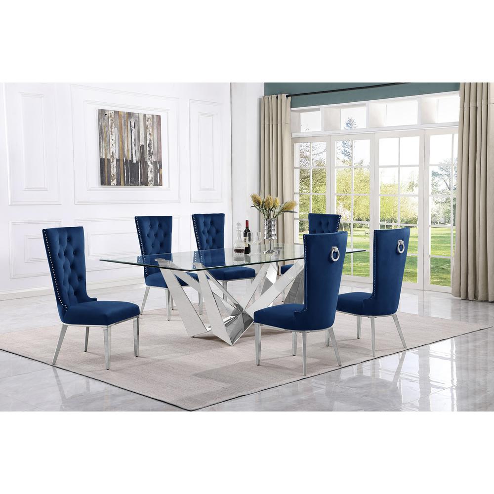 7pc Large(94″) glass top dining set with silver base and 6 Navy blue side chairs