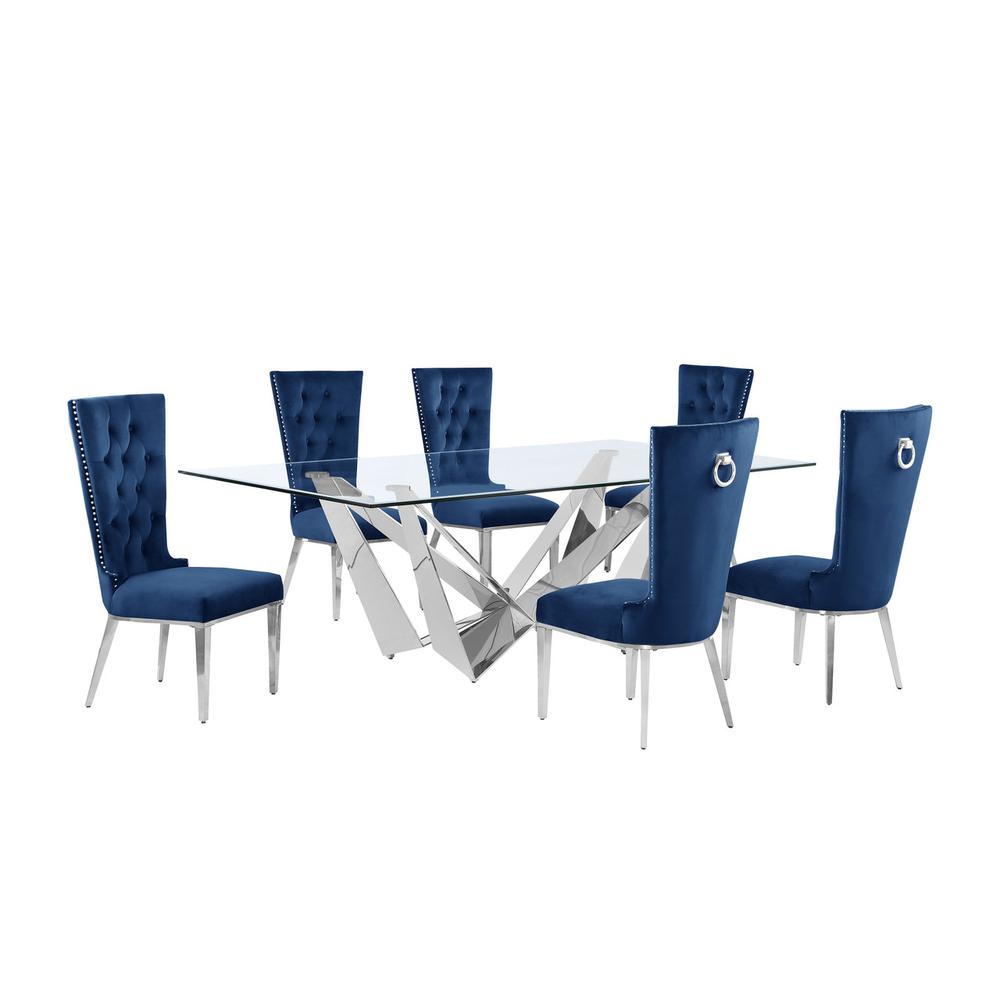 7pc Large(94″) glass top dining set with silver base and 6 Navy blue side chairs