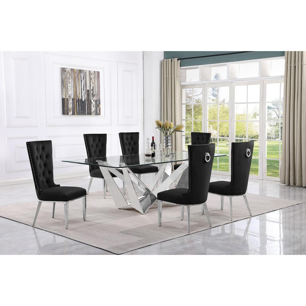 7pc Large(94″) glass top dining set with silver base and 6 Black side chairs