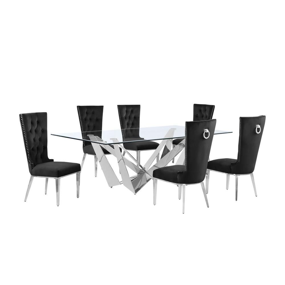 7pc Large(94″) glass top dining set with silver base and 6 Black side chairs