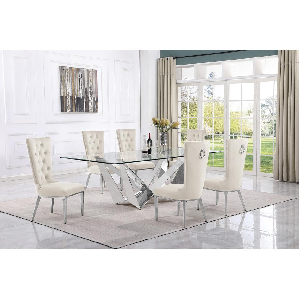 7pc Large(94″) glass top dining set with silver base and 6 Cream side chairs