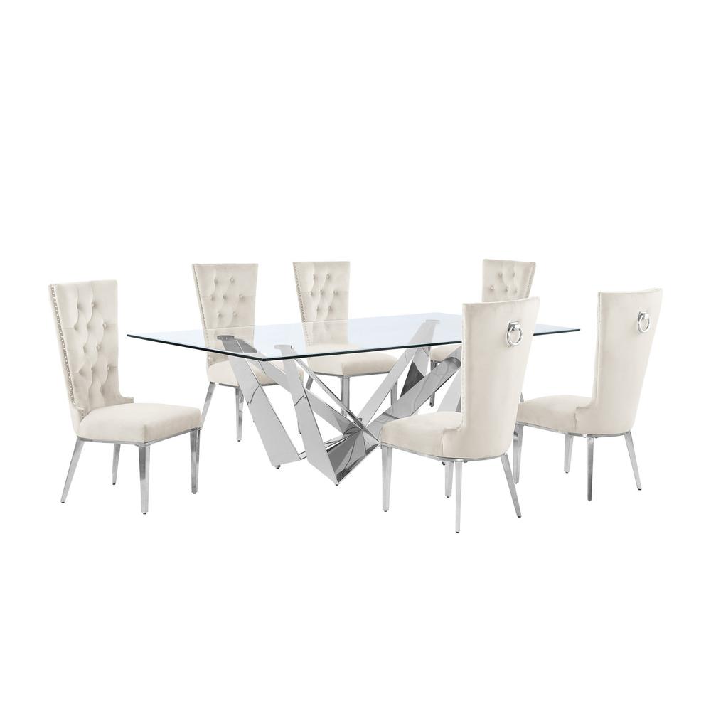 7pc Large(94″) glass top dining set with silver base and 6 Cream side chairs