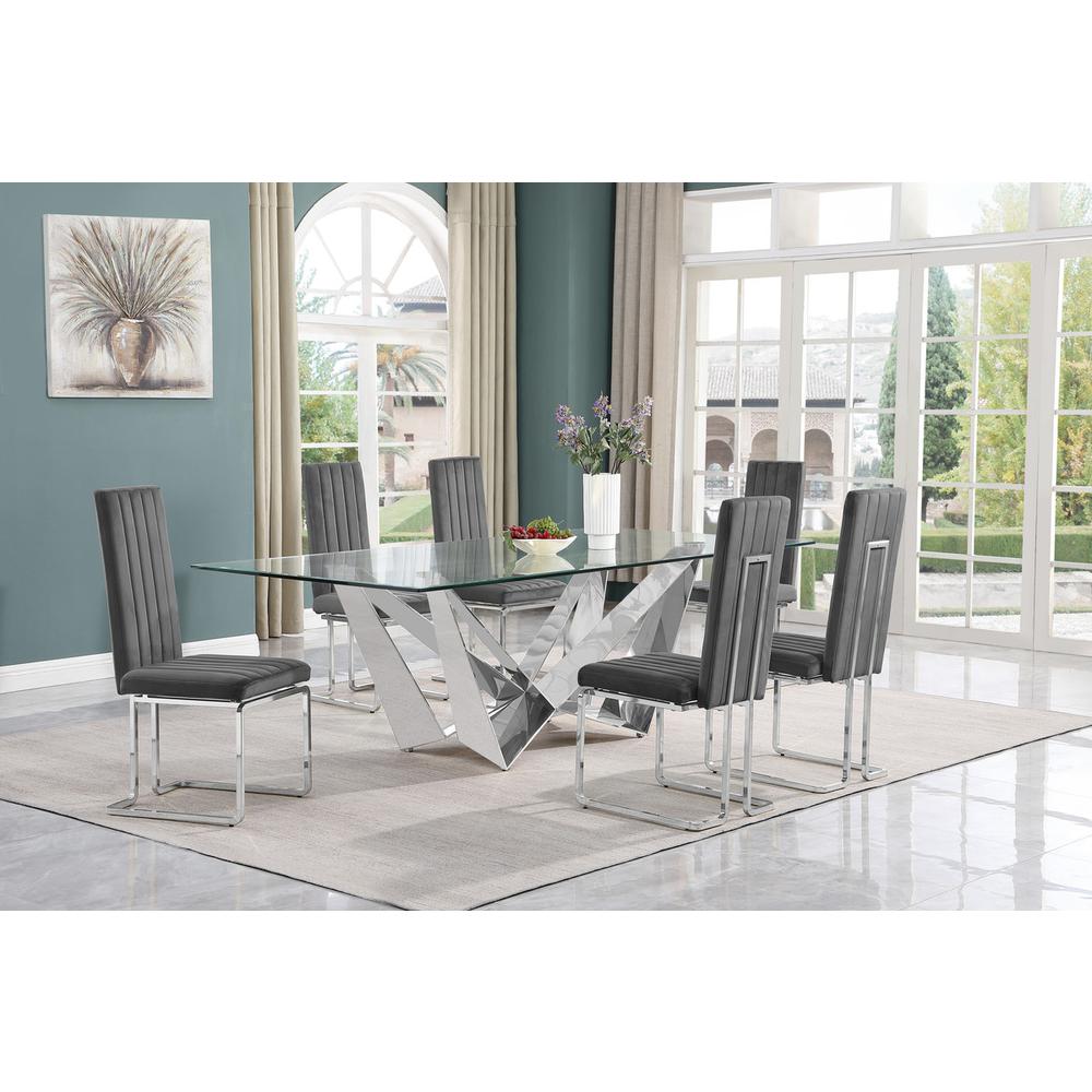 7pc Large(94″) glass top dining set with silver base and 6 Dark grey side chairs