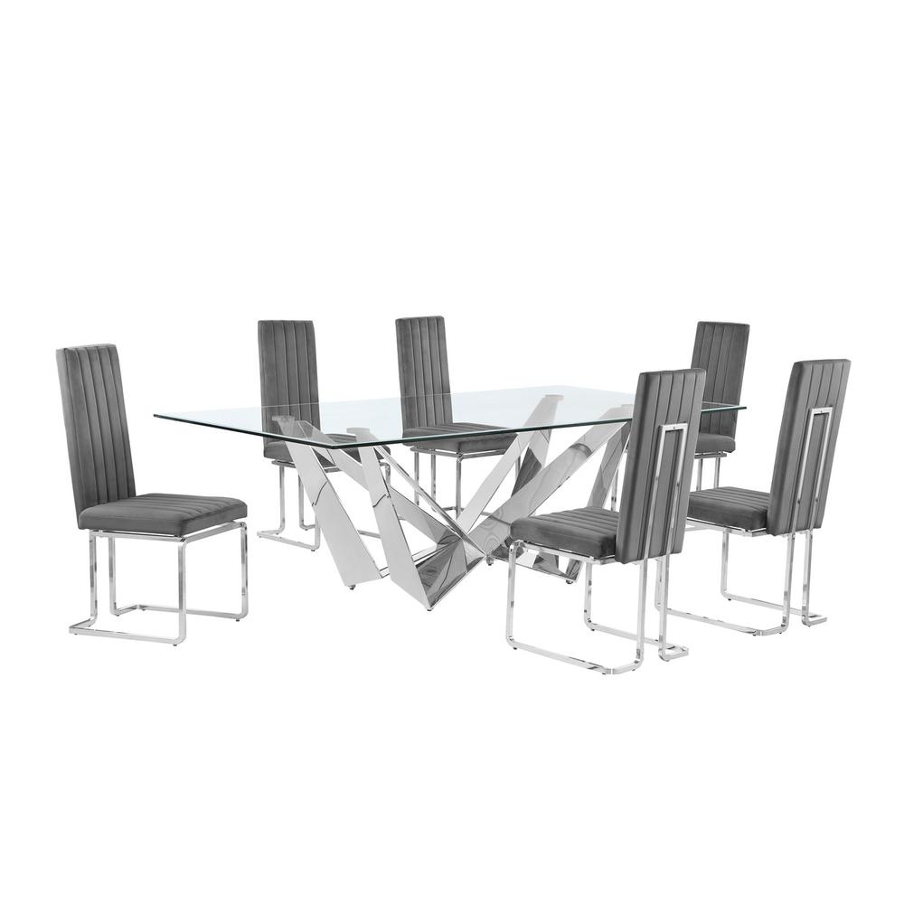 7pc Large(94″) glass top dining set with silver base and 6 Dark grey side chairs