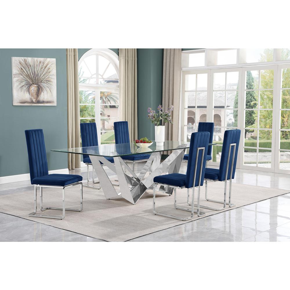 7pc Large(94″) glass top dining set with silver base and 6 Navy blue side chairs