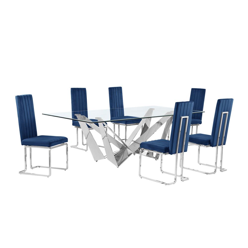 7pc Large(94″) glass top dining set with silver base and 6 Navy blue side chairs