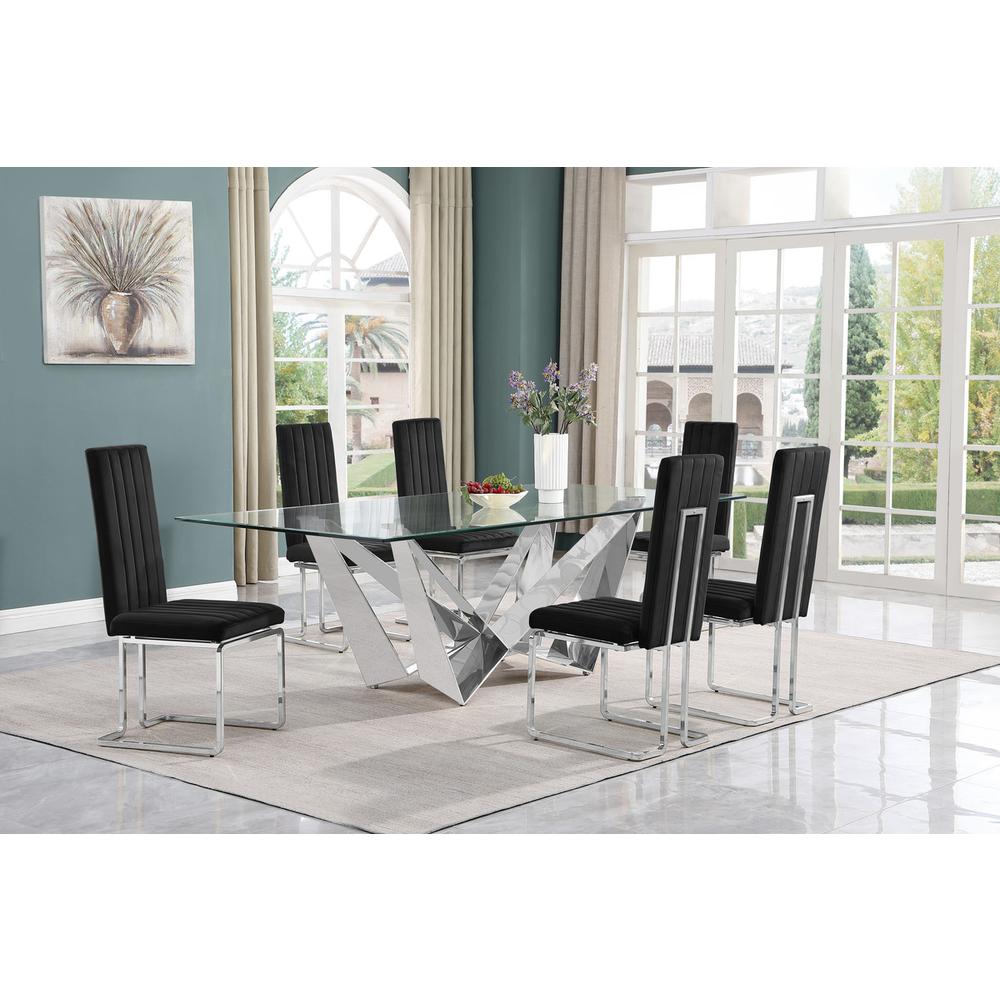 7pc Large(94″) glass top dining set with silver base and 6 Black side chairs