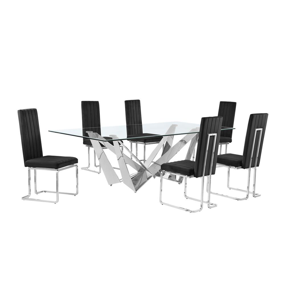 7pc Large(94″) glass top dining set with silver base and 6 Black side chairs