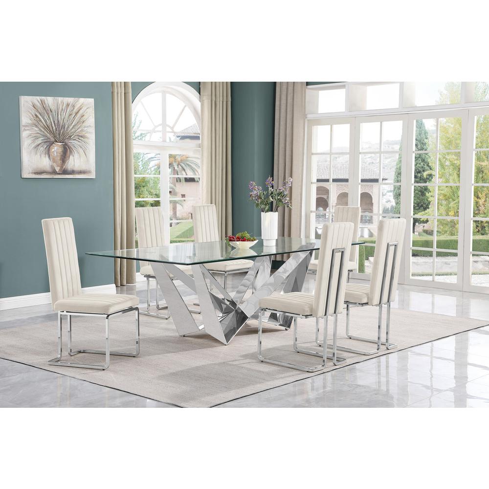 7pc Large(94″) glass top dining set with silver base and 6 Cream side chairs