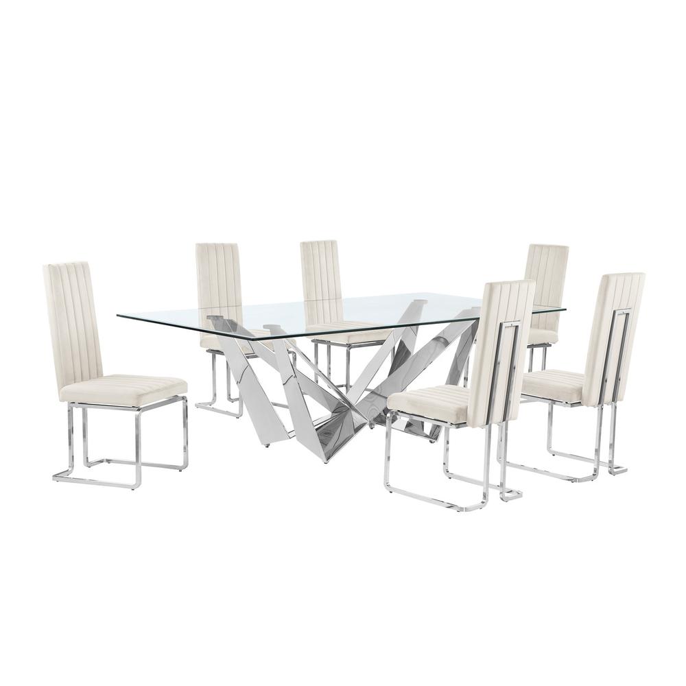 7pc Large(94″) glass top dining set with silver base and 6 Cream side chairs