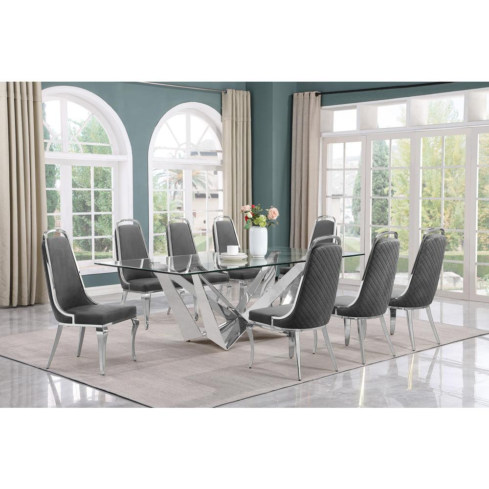 9pc Large(94″) glass top topdining set with silver base and 8 Dark grey chairs