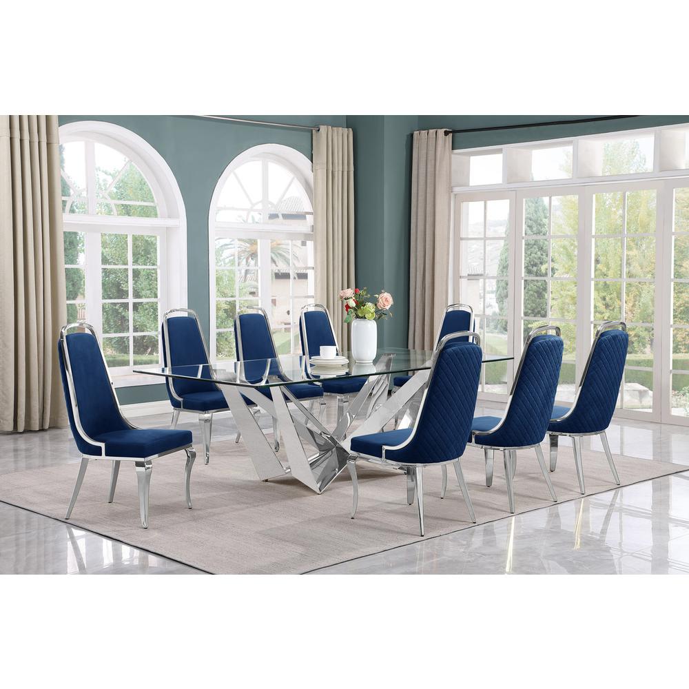 9pc Large(94″) glass top topdining set with silver base and 8 Navy blue chairs