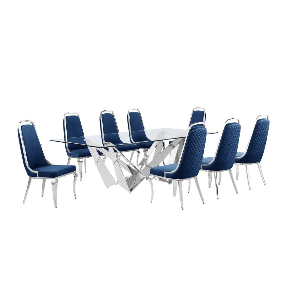 9pc Large(94″) glass top topdining set with silver base and 8 Navy blue chairs