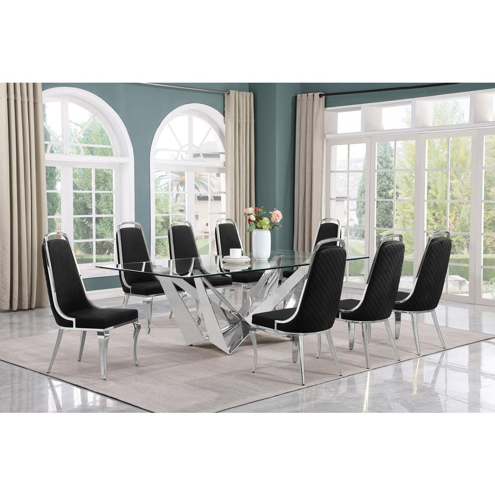 9pc Large(94″) glass top dining set with silver base and 8 Black side chairs