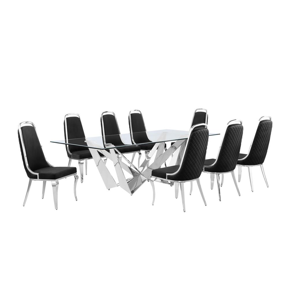 9pc Large(94″) glass top dining set with silver base and 8 Black side chairs