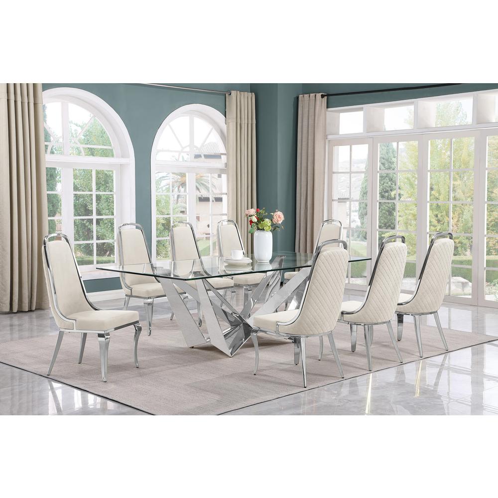 9pc Large(94″) glass top dining set with silver base and 8 Cream side chairs