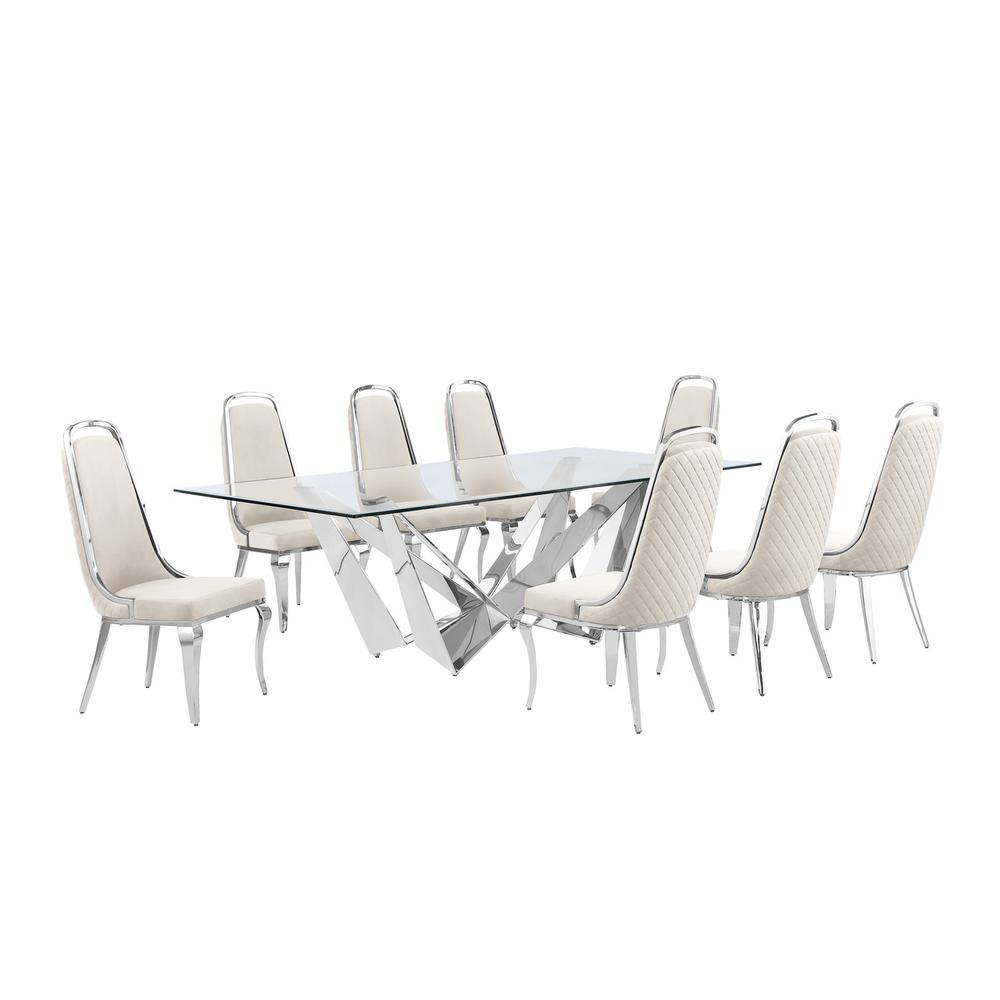 9pc Large(94″) glass top dining set with silver base and 8 Cream side chairs