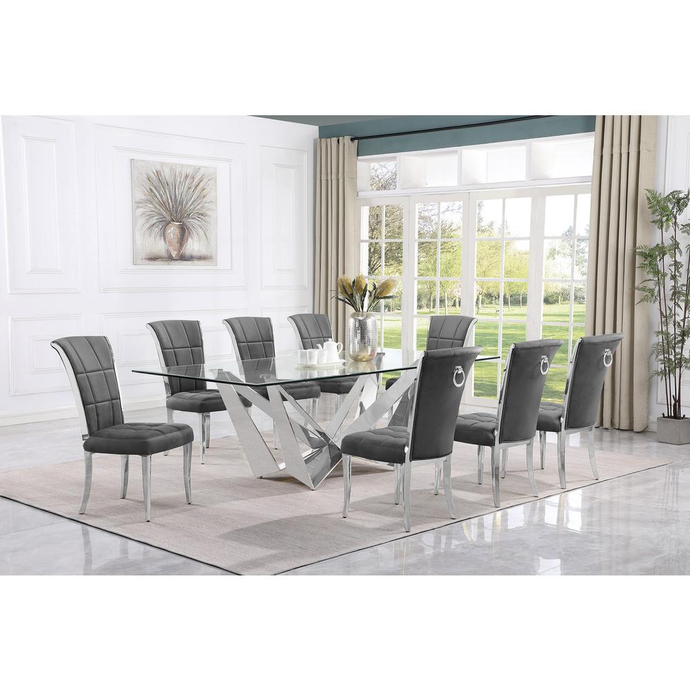 9pc Large(94″) glass dining set with silver base and 8 Dark grey side chairs
