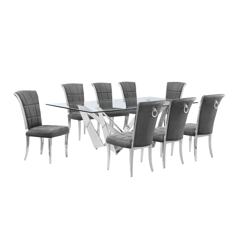 9pc Large(94″) glass dining set with silver base and 8 Dark grey side chairs