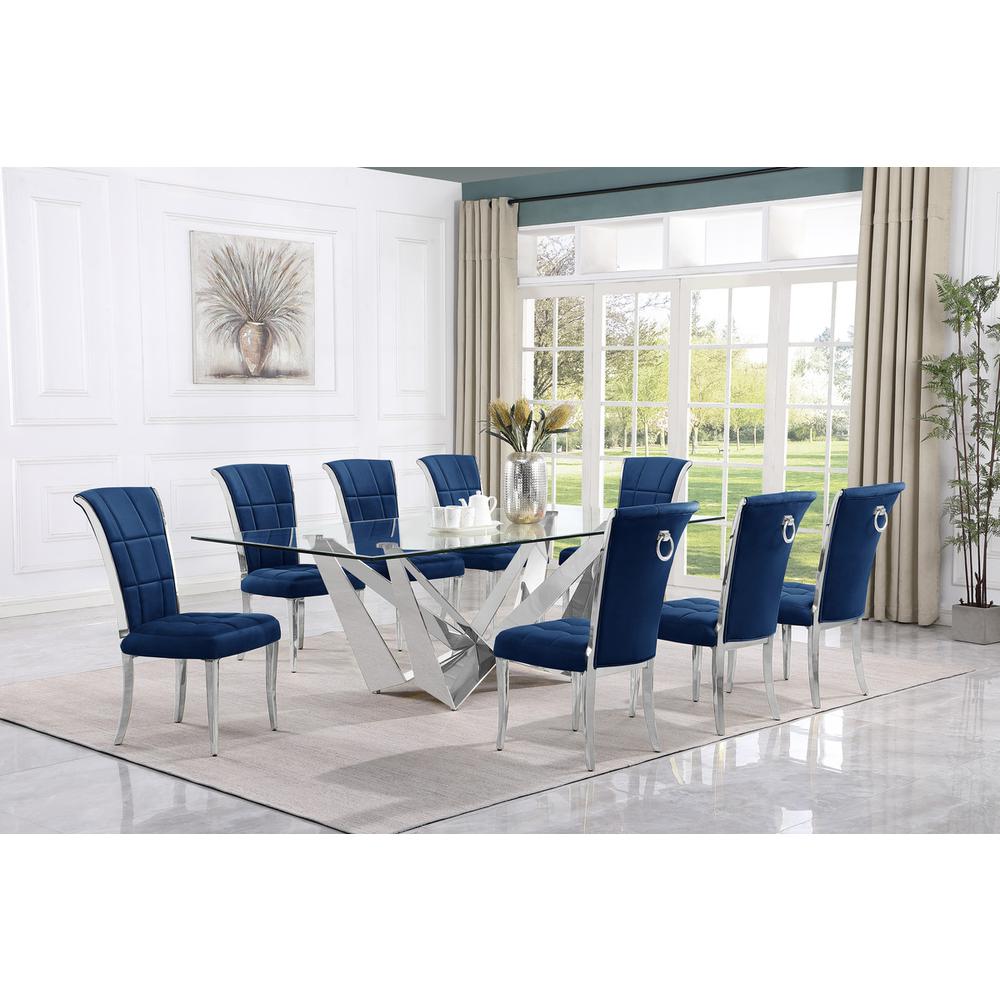 9pc Large(94″) glass dining set with silver base and 8 Navy blue side chairs