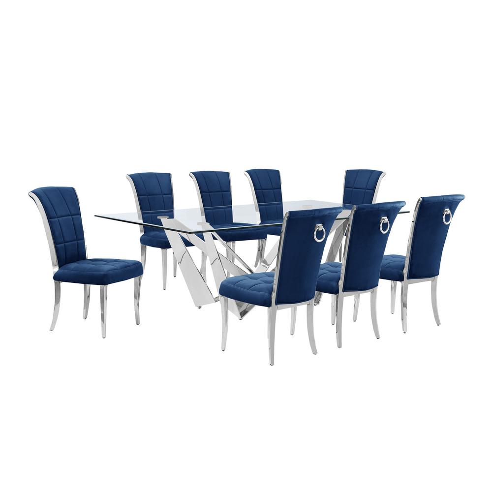 9pc Large(94″) glass dining set with silver base and 8 Navy blue side chairs