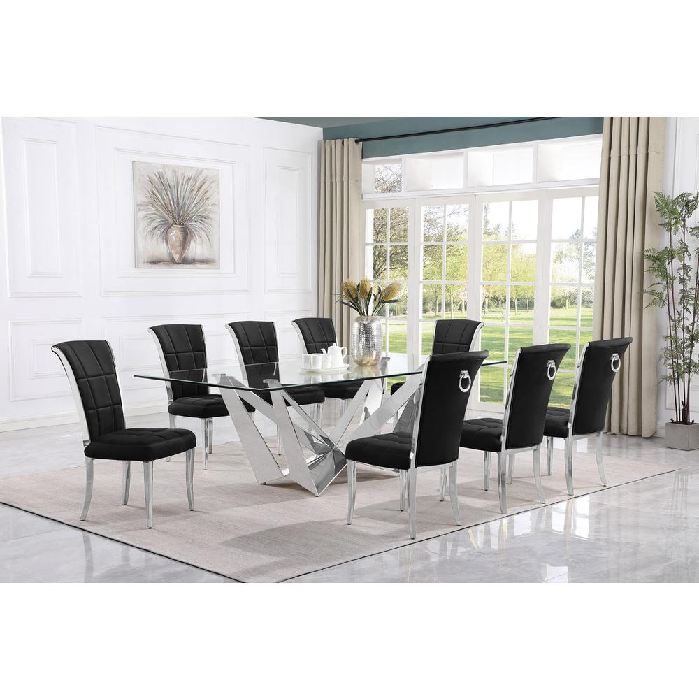 9pc Large(94″) glass top dining set with silver base and 8 Black side chairs