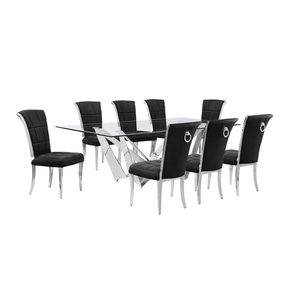 9pc Large(94″) glass top dining set with silver base and 8 Black side chairs