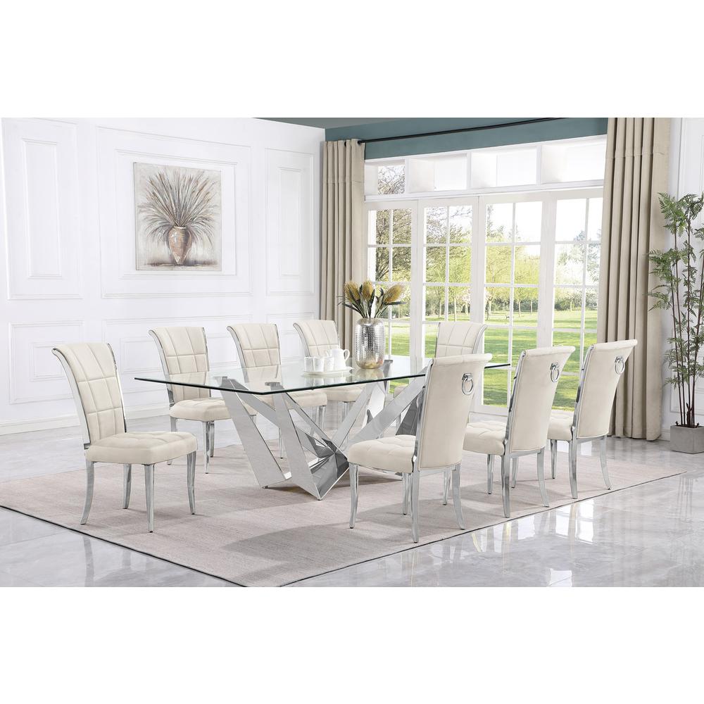 9pc Large(94″) glass dining set with silver base and 8 Cream side chairs
