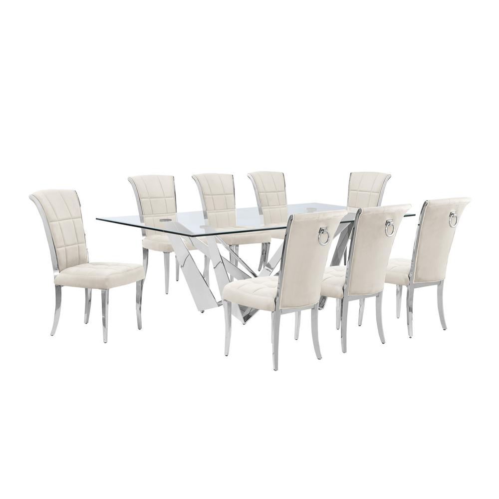 9pc Large(94″) glass dining set with silver base and 8 Cream side chairs