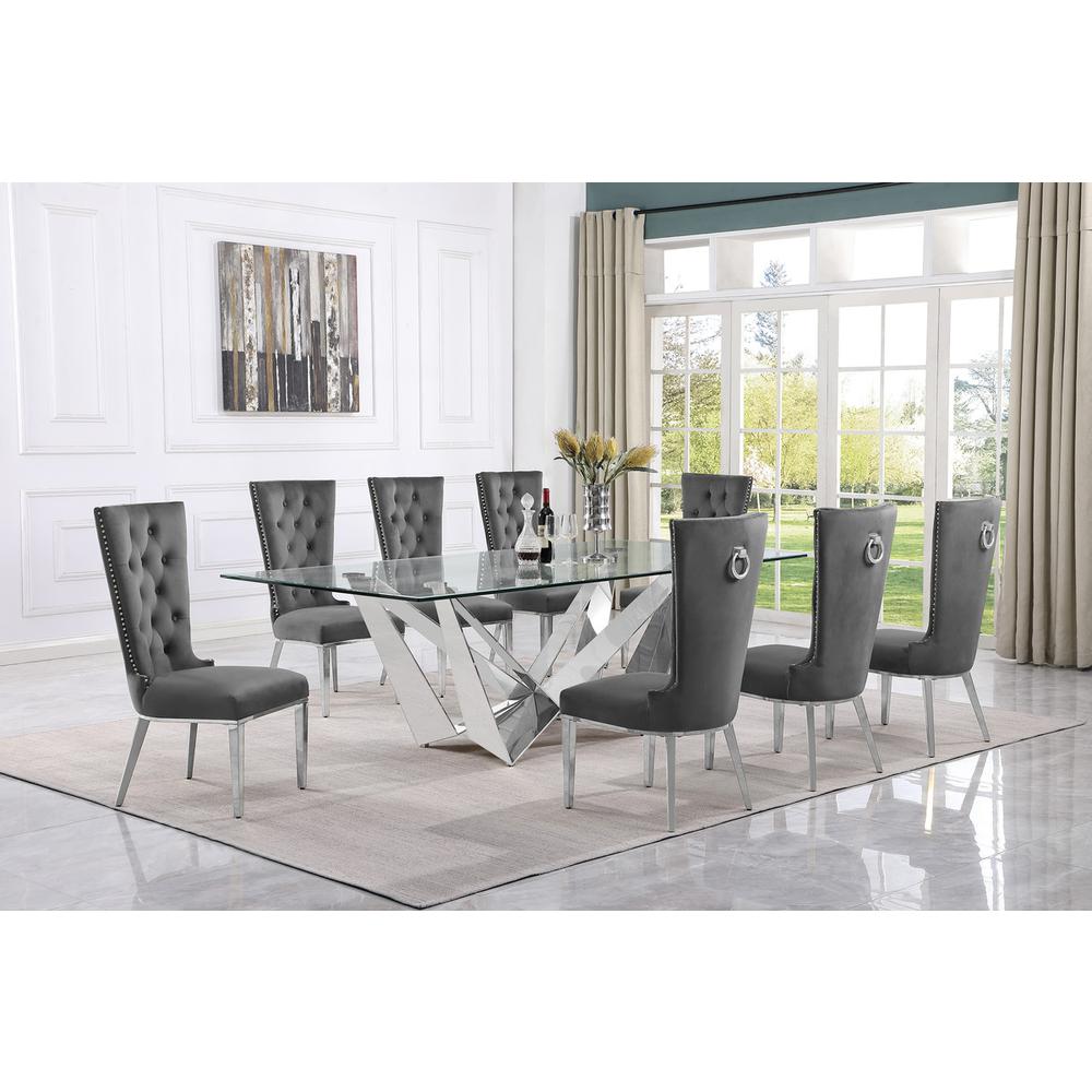 9pc Large(94″) glass top dining set with silver base and 8 Dark grey side chairs