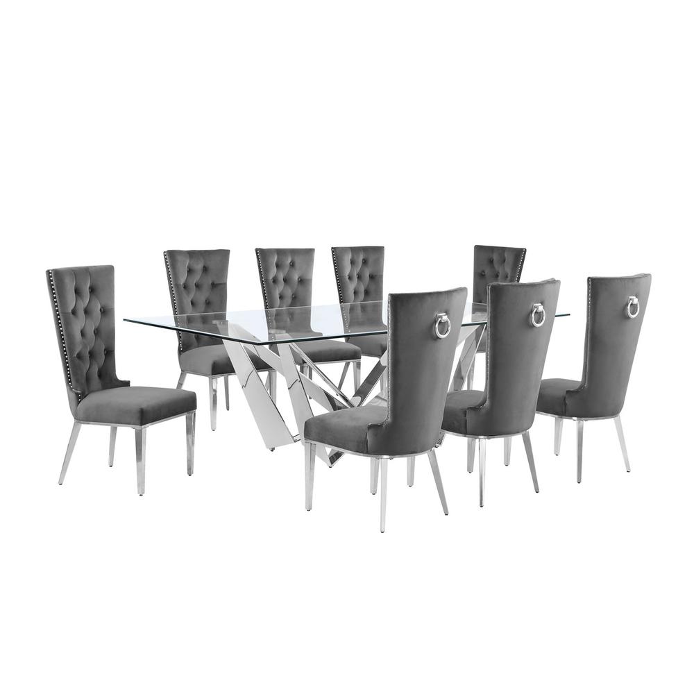 9pc Large(94″) glass top dining set with silver base and 8 Dark grey side chairs